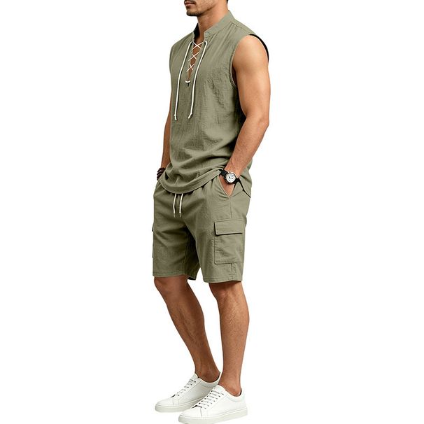 Men's Linen Shorts And T-Shirt Set - Breathable Summer Casual Outfit For Outdoor Workwear Style_viptrois.com