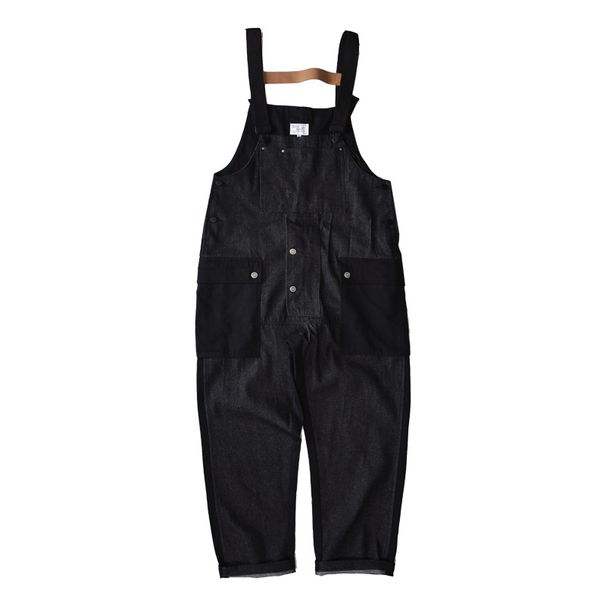 Color Contrast Patchwork Overalls Men's Pocket Suspenders Casual Denim Pants_viptrois.com