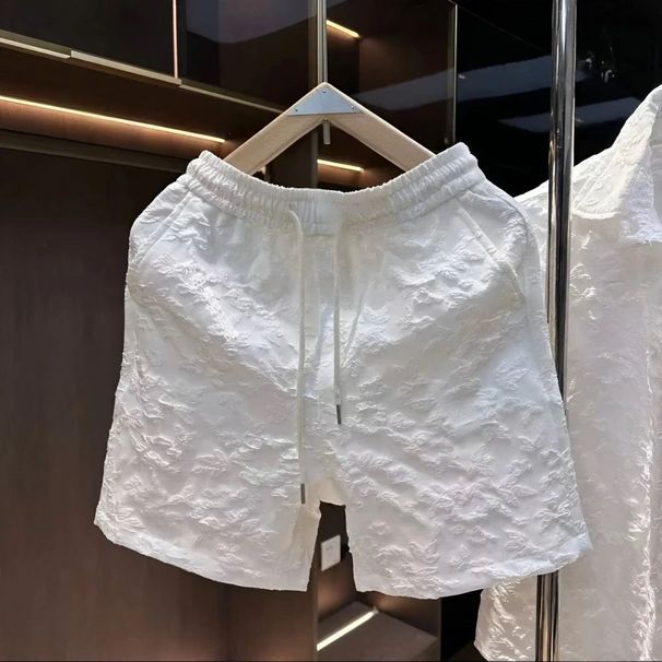 Men's Summer Casual Suit Embossed Floral Pattern Quick Drying Thin Two-Piece Set Short Sleeve Shirt And Shorts Trendy Clothing_viptrois.com