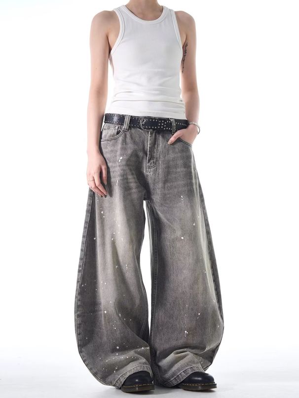 Men's Clothing Street Ink Wash Jeans Spring Retro And Handsome Vintage Wide Leg Scimitar Pants_viptrois.com