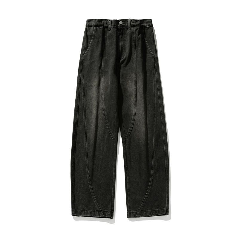 Men's Clothing Washed Distressed Split Design Scimitar Jeans Men's Spring Style High Street Retro Loose Straight Casual Trousers_viptrois.com