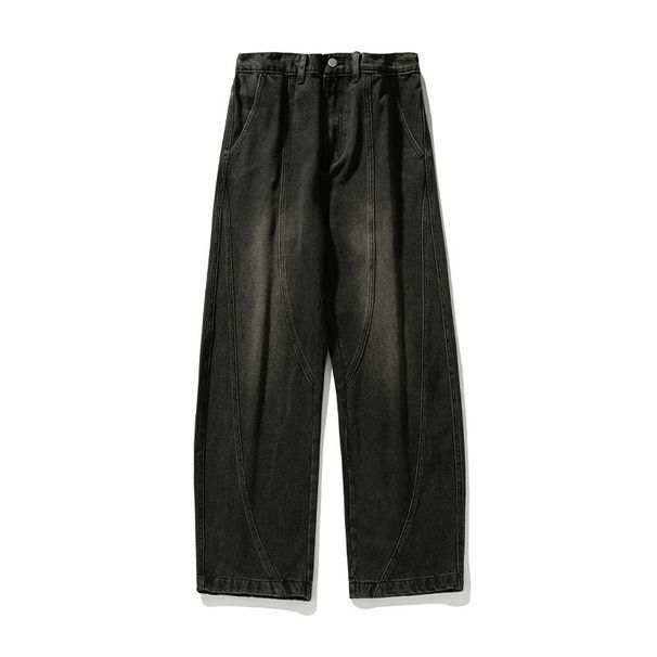Men's Clothing Washed Distressed Split Design Scimitar Jeans Men's Spring Style High Street Retro Loose Straight Casual Trousers_viptrois.com