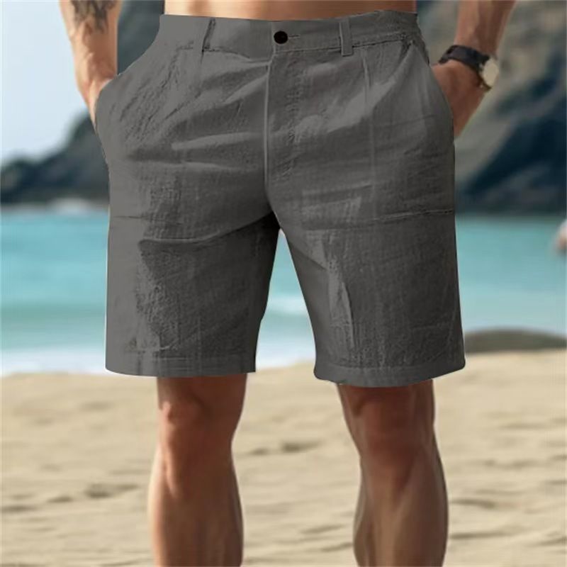 Men's Cotton Linen Solid Color Button Beach Shorts Breathable Casual Outdoor Straight Leg Summer Shorts_viptrois.com