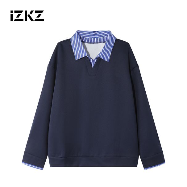 izkz 25ss Lazy Sweatshirt High-end Men's Fake Two-piece Polo Collar Top Autumn American Style Couple Long Sleeve_viptrois.com