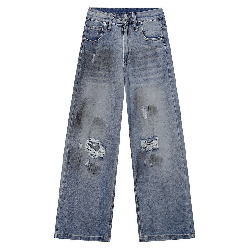 Men's Clothing Dirty Dyed Ripped Jeans For Men All Seasons Trendy Brand Design Wide Leg Pants Cleanfit Loose Trousers_viptrois.com