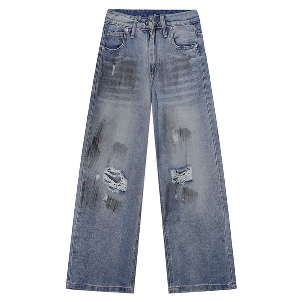 Men's Clothing Dirty Dyed Ripped Jeans For Men All Seasons Trendy Brand Design Wide Leg Pants Cleanfit Loose Trousers_viptrois.com