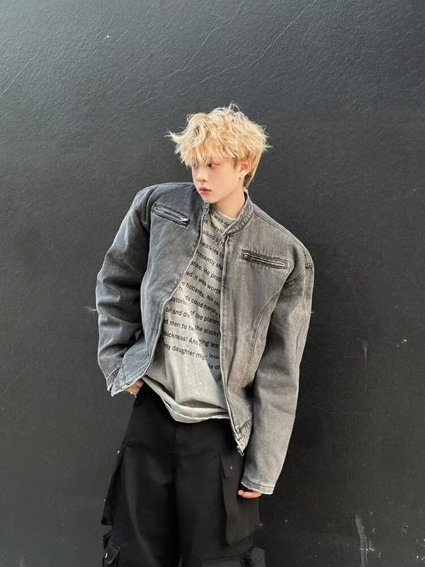 Washed Black Zipper Decorative Design Denim For Men's Niche Motorcycle Standing Collar Jacket_viptrois.com