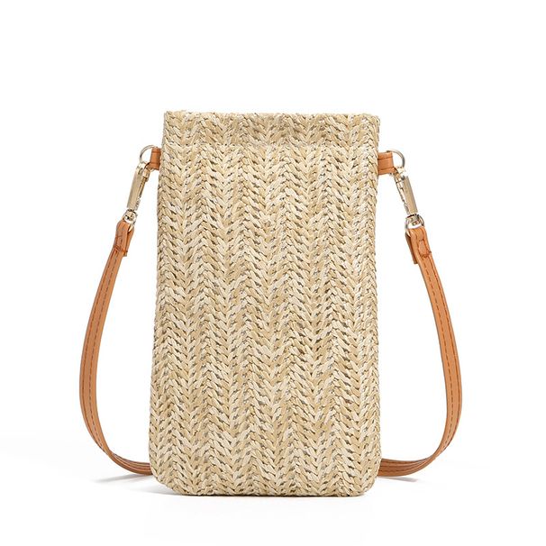 Summer Beach 2024 New Women's Versatile One Shoulder Diagonal Straddle Vertical Phone Bag Grass Woven Zero Wallet_viptrois.com