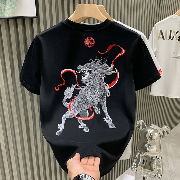 Men's Clothing Fashion Summer New Short Sleeved T Shirt Heavy Industry Unicorn Embroidery Youth T Shirt_viptrois.com