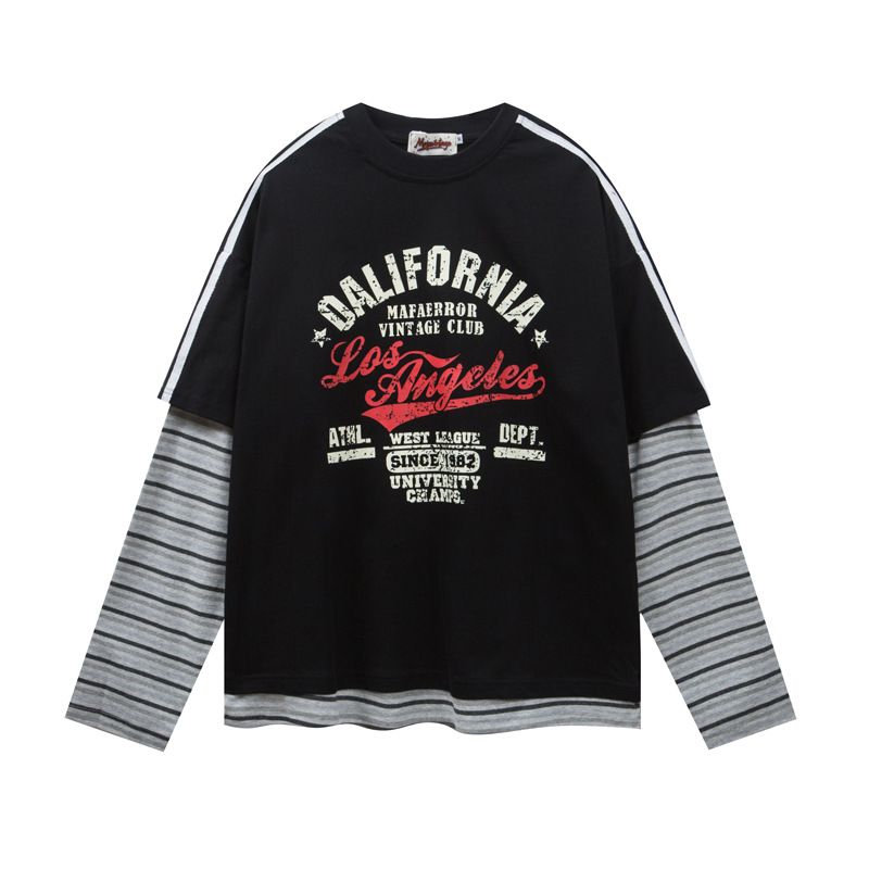 Vintage American Lettering Distressed Print Round Neck Long Sleeve Men's Spring Streetwear Stripe Layered Mock Two-Piece Top_viptrois.com
