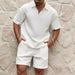 Men's Clothing New Fashion Waffle Solid Color Lapel Polo Shirt Short Sleeve Shorts Sports Suit_viptrois.com