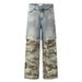 Men's Clothing High Street Stitching Camouflage Jeans Men's Two Piece Distressed Washed Hip Hop Trend Personality Straight Trousers_viptrois.com