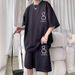 Men's Summer Sports Casual Set - Breathable Short Sleeve T-Shirt & Comfortable Printed Shorts Outfit (M-5XL, Black/White/Light Grey)_viptrois.com