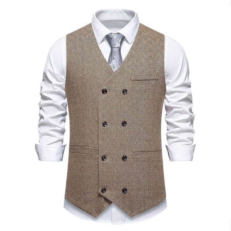 2025 New Men's Herringbone Fabric Double-breasted Retro Lapel Suit Vest_viptrois.com