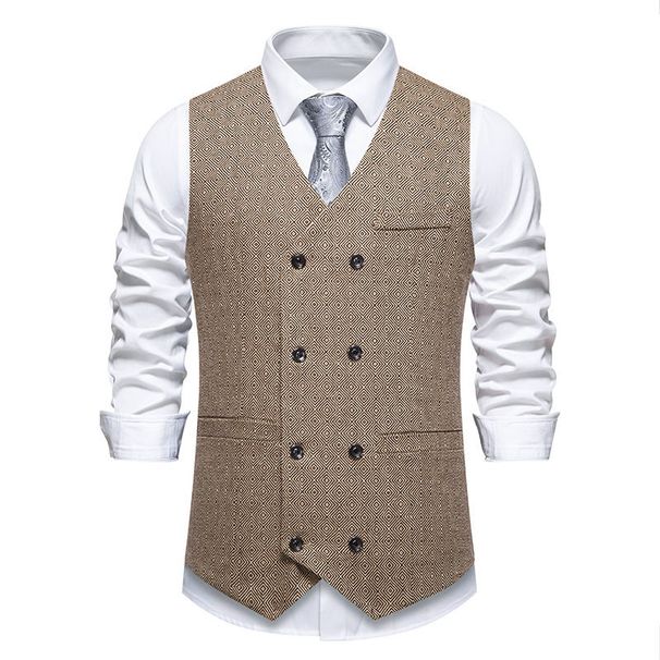 2025 New Men's Herringbone Fabric Double-breasted Retro Lapel Suit Vest_viptrois.com