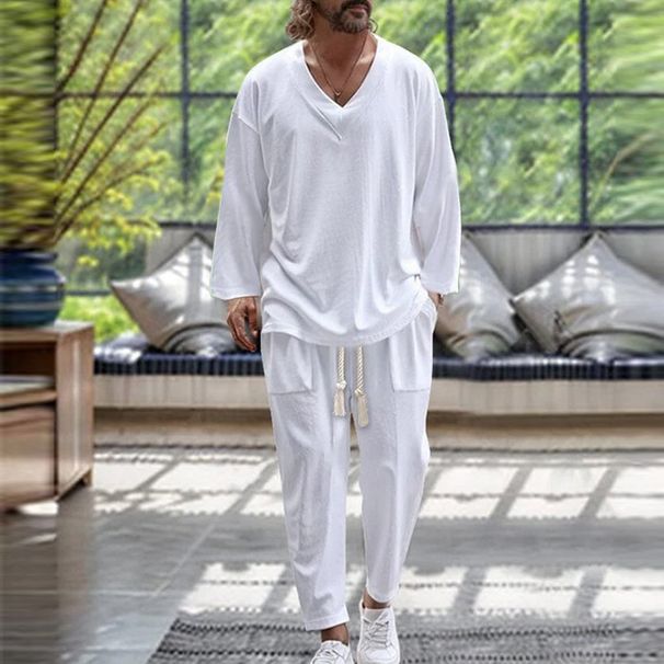 2024 Spring/Fall Trend Men's Fashion V-neck Shirt Casual Comfortable Loose High-end Long Sleeve Pants Solid Color Beach Suit_viptrois.com