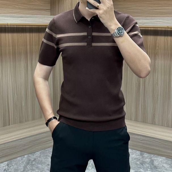 New Fashion High End Short Sleeved Ice Silk Knit Polo Shirt Men's Lapel Button Panelled Smart Casual Comfortable Versatile Top_viptrois.com