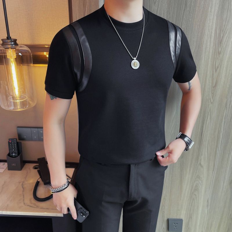 Men's Clothing Summer Short Sleeved T Shirt Slim Fashion Round Neck Versatile Casual Personality Patchwork Leather T Shirt Top_viptrois.com