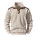 Men's Clothing Half-Zip Button-Up Sweatshirt – Stylish Contrast Trim Stand Collar Top For Casual & Outdoor Wear (S-3XL, Black/White/Khaki)_viptrois.com