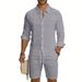 Men's Linen Long Sleeve Shirt & Cargo Shorts Set | American Style Summer Casual Workwear Vacation Outfit_viptrois.com
