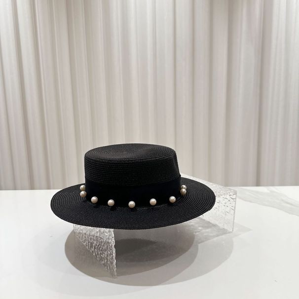 Women's Hats French Lady Style Flat Top Hat New Summer Elegant Pearl Straw Seaside Sun Protection Hat For Women_viptrois.com