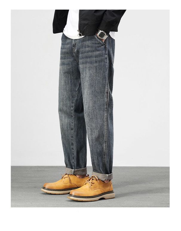 American Style Plush Thick Jeans Men's Winter Trend Straight Tube Loose Fitting Harem Washed Nine Inch Long Pants_viptrois.com