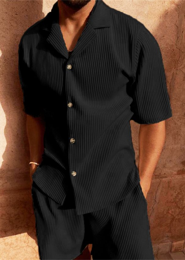 Men's Clothing New Style Corduroy Casual Lapel Shorts Suit Sports Men's Solid Color T Shirt Shorts Running Training Suit_viptrois.com