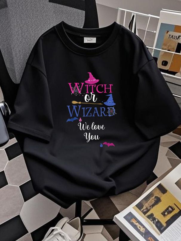 Witch Or Wizard We Love You Gender Reveal Party T-Shirt Streetwear Versatile Stretched Print Round Neck Short Sleeve Summer Graphic Casual Women Comfortable Slightly T-Shirt For Women Casual Designer Clothes Women Top Graphic Tees Soft Stylish Unisex_viptrois.com
