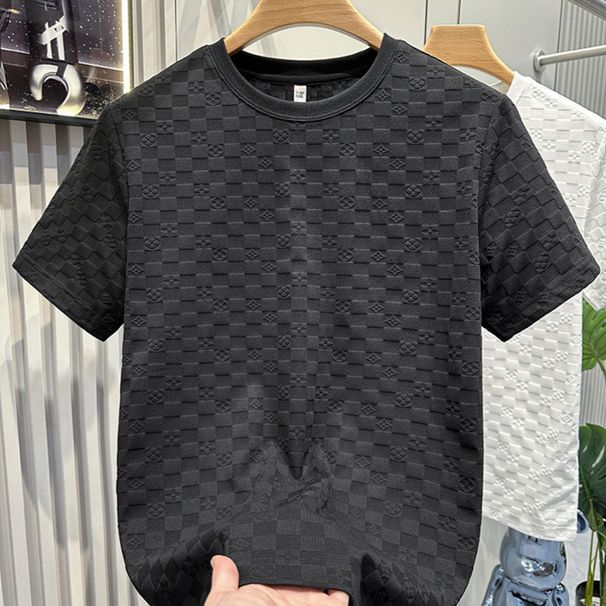 Men's Premium Short-Sleeve Polo Shirt – Lightweight Summer Casual Top With Plaid Pattern & Round Neck (Black/White)_viptrois.com