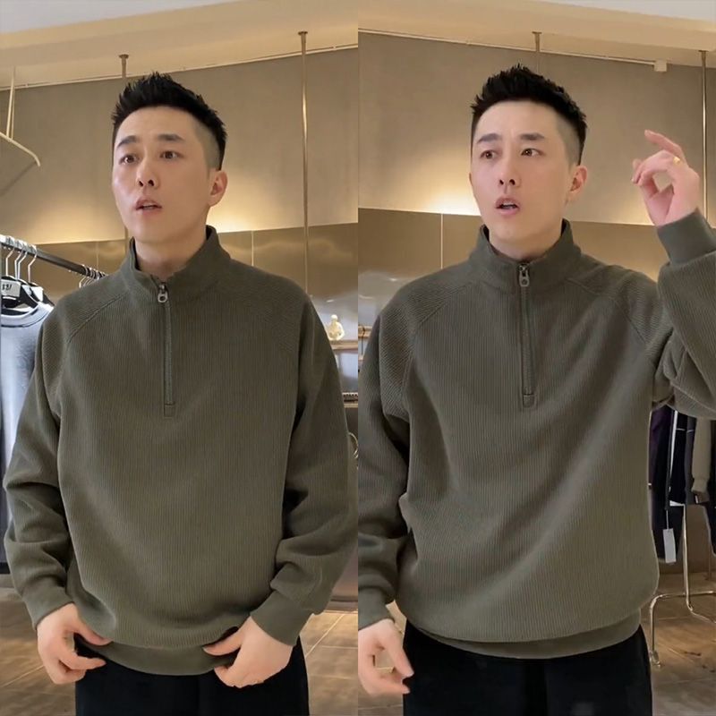 Retro Top Corduroy Stand Up Collar Jacket Men's Half Zip Casual Solid Color Hoodie_viptrois.com