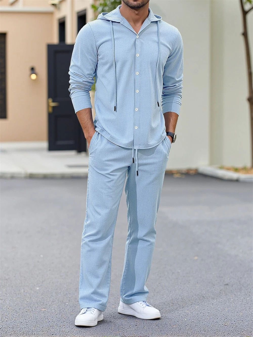 Men's Linen Hoodie & Shirt Set – 100% Cotton Oversized Lounge Wear For Casual & Streetwear (White/Gray/Black/Khaki/Sky Blue/Olive, S-XXXL)_viptrois.com