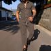 Men's 2-Piece Summer Outfit Short Sleeve Shirt And Trousers Set Solid Color Casual with Collar_viptrois.com