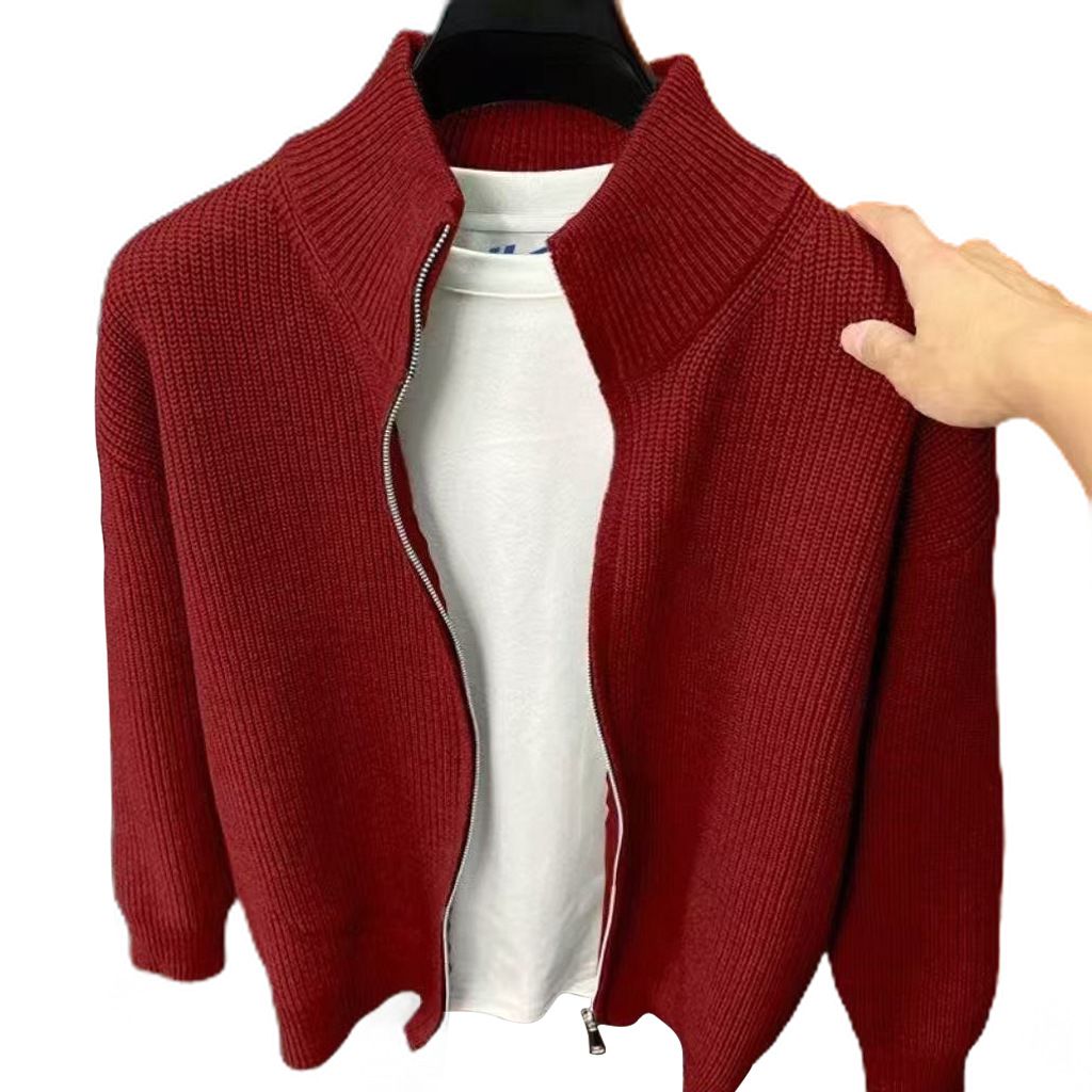 Unisex Zip-Up Cardigan – Slim Fit Stand Collar Sweater (Black/Grey/Apricot/Red)_viptrois.com