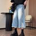 Glacier Blue Ripped Denim Shorts With Rough Edges, Men's American Washed Silhouette Design, Straight Leg Casual Cropped_viptrois.com