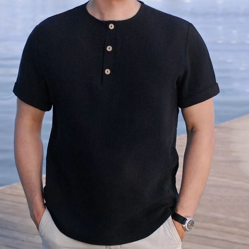Men's Clothing Round Neck Shirt Casual Shirt Solid Color Fashionable Button Top_viptrois.com