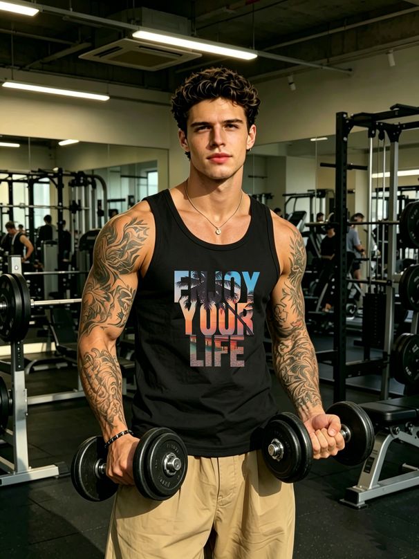 Canotta Uomo Girocollo 100% Cotone Con Stampa Scritta Traspirante Senza Maniche Fitness Corsa Montagna Intimo Casual Multicolore_viptrois.com