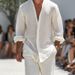 Men's Linen Workwear Style 2-Piece Set - Breathable Long Sleeve Shirt And Relaxed Fit Pants For Casual & Outdoor Wear_viptrois.com