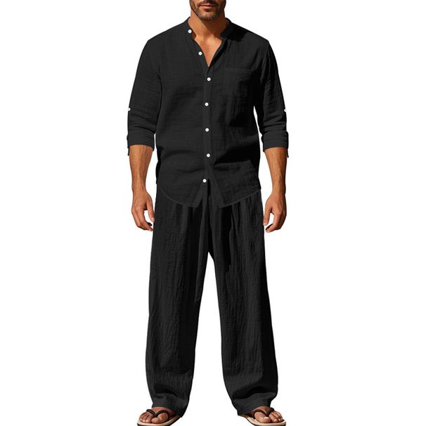 Men's Clothing Four Seasons Linen Men's Casual Loose Breathable Long Sleeved Trousers Shirt Beach Suit_viptrois.com