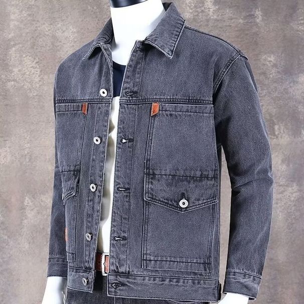 Men's Casual Denim Jacket - Japanese Style Workwear For All Seasons (Black, Light Blue, Dark Blue, Dark Grey)_viptrois.com