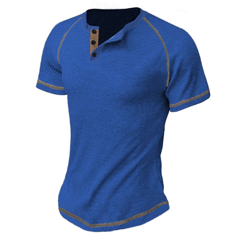 Men's Clothing Summer Henley Shirts Five Line Stitching Small Square Loose Men's Round Neck Henley Shirts_viptrois.com