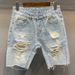Men's Clothing Ripped Denim Shorts Light Color Shorts Trendy Loose Raw Edge Mid Length Pants Breeches Beggar Pants_viptrois.com