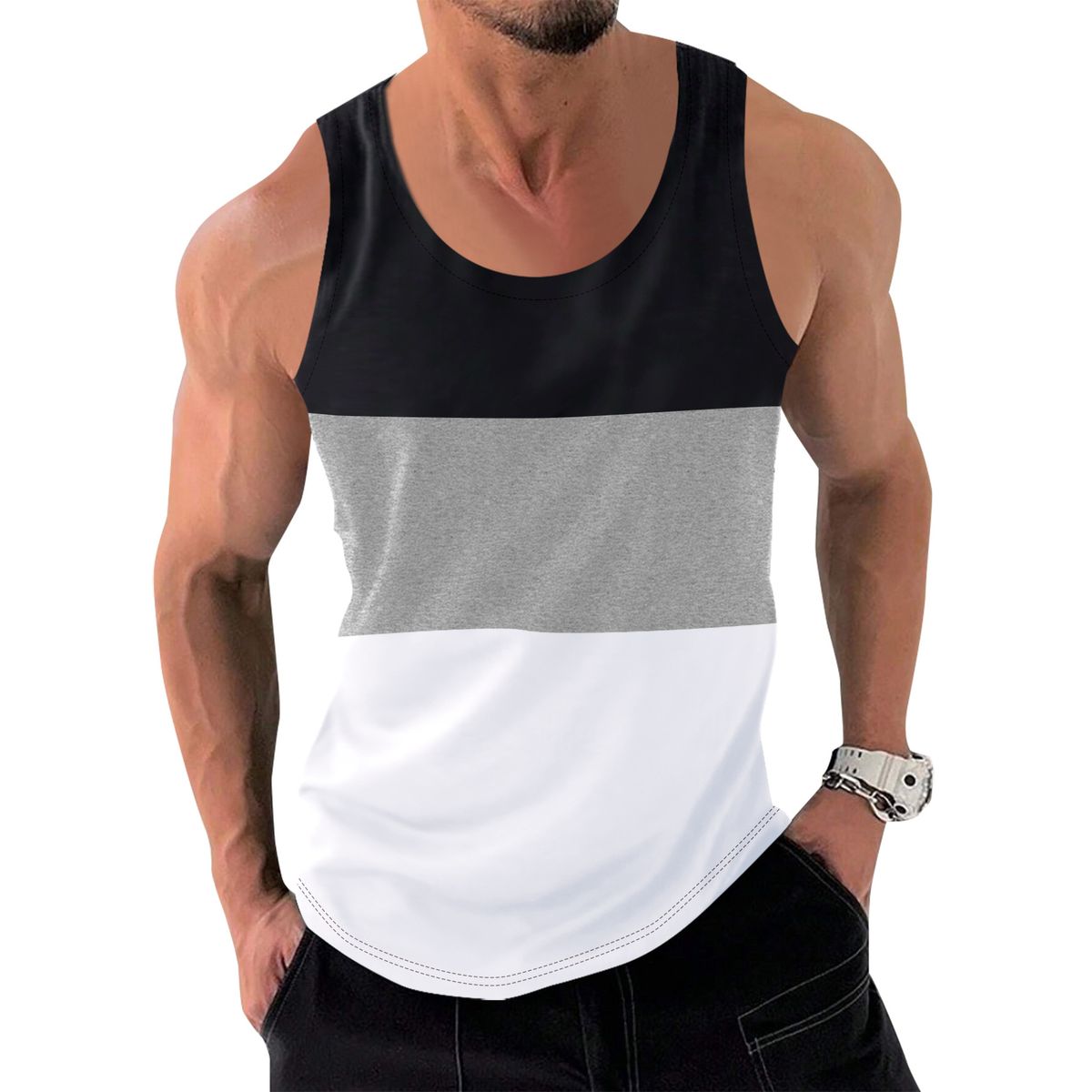 Men's Vest Stitching Contrast Color Sports Fitness Loose Running Vest_viptrois.com