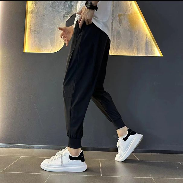Men's Clothing Black Warrior Loose Skinny Casual Pants Summer Thin Ice Silk Slit Nine Point Pants Men's Fashionable And Handsome Harem Pants_viptrois.com
