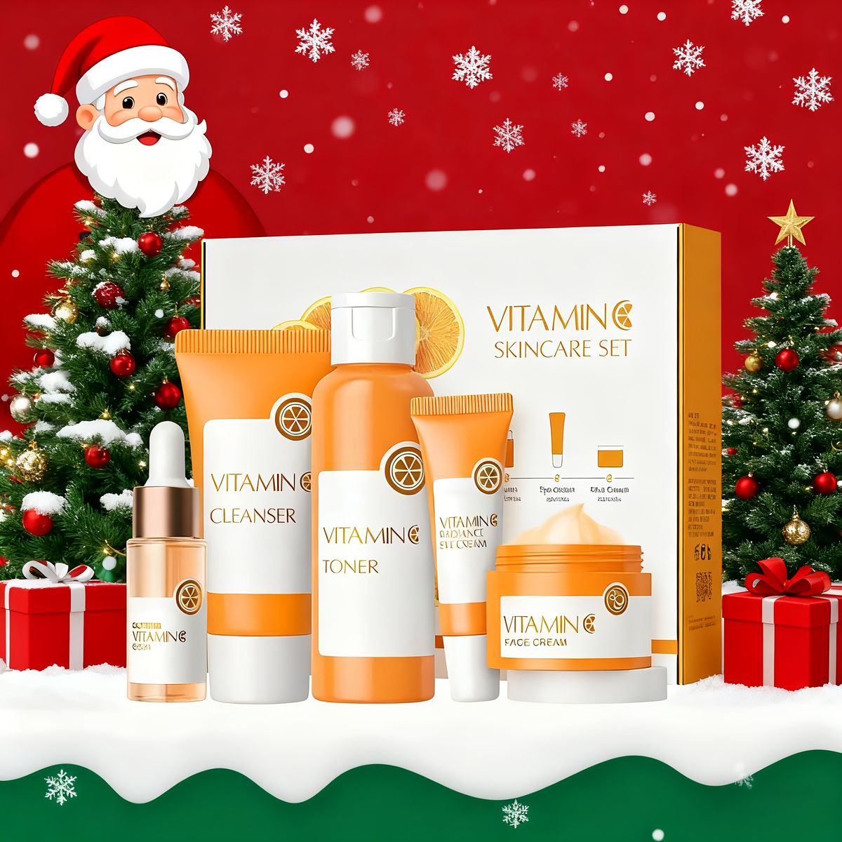 Vitamin C Set, 5in 1 Gift With Cleanser, Toner, Serum, Face Cream And Eye Cream, Light Beige Care Products Teen Girls,_viptrois.com