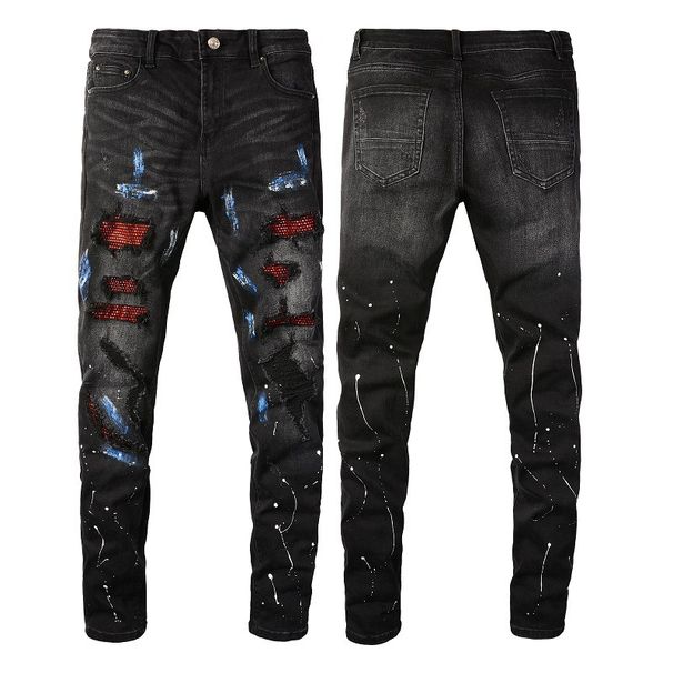 2023 American High Street Hip-hop Jeans, Men's Trendy Brand Paint Hole Patch Slim Fit Straight Leg Pants_viptrois.com