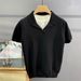 Men's Clothing Men's Handsome Small V Neck Solid Color Knitted Polo Shirt British Slim Short Sleeved T Shirt Casual Retro Top Trend_viptrois.com