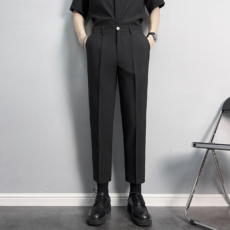 Men's Clothing Slim Straight Anti Wrinkle Suit Trousers Men's Non Iron Business Casual Trousers Advanced Drape Black Nine Point Small Suit Trousers_viptrois.com