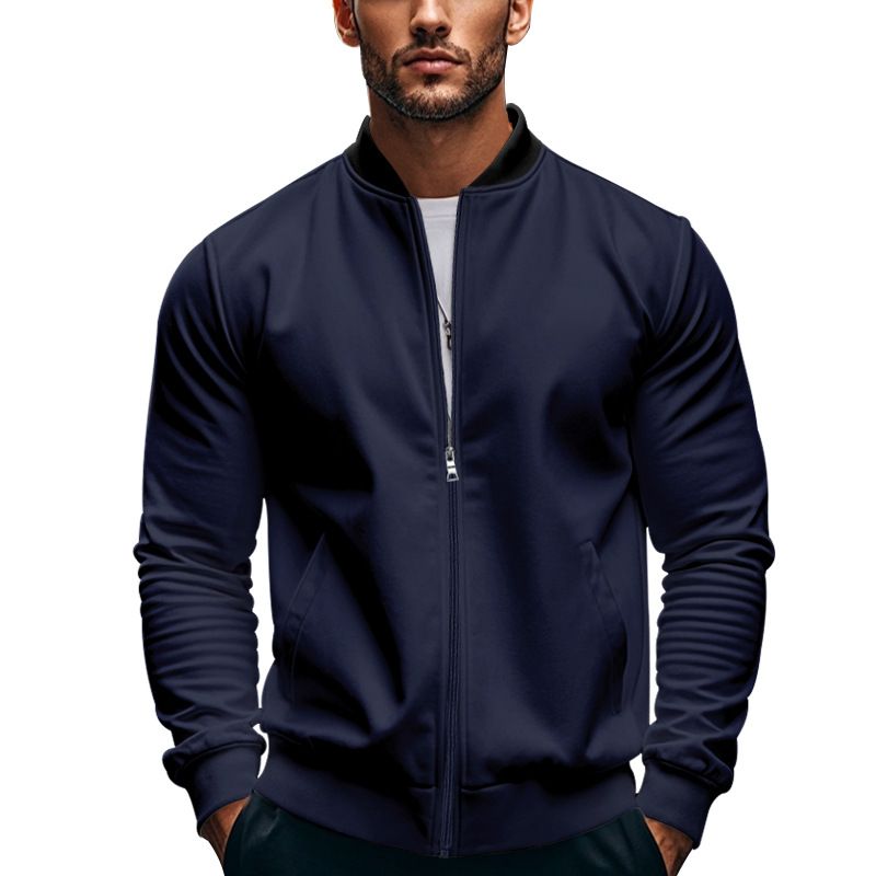 Men's Clothing Stand Collar Zip-Up Jacket – Lightweight Polyester Blend, Breathable & Wrinkle-Free (Navy, Black, Army Green) – Casual Sporty Outerwear_viptrois.com
