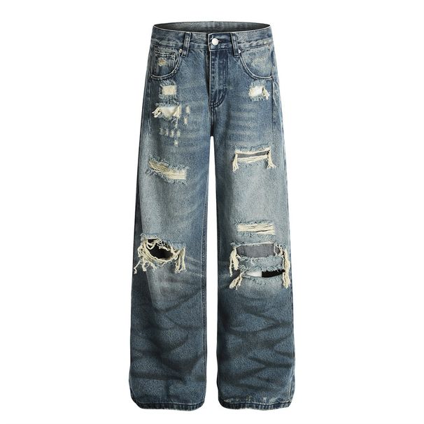 Punk Wasteland Style Heavy Washed Ripped Jeans Men's Street Fashion Spray Painted Vintage Loose Wide-Leg Pants_viptrois.com