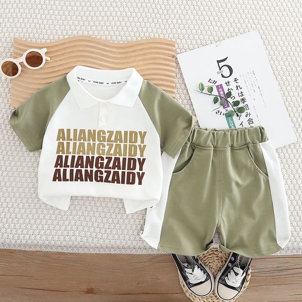 2025 New Summer Children's Short Sleeve Set, Boys' Four Rows Ah Liangzai English Letter Top And Shorts Two Piece Set_viptrois.com